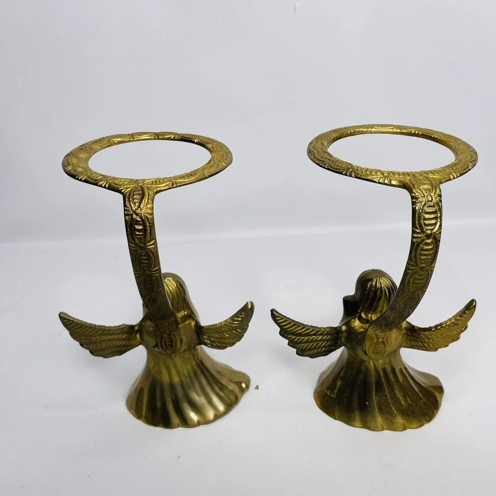 Vintage pair of Brass Harp‎ Playing Angels Candle Holders 6 1/4